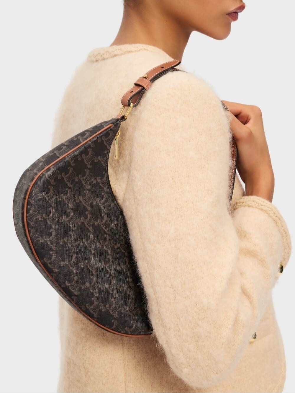 Brand NEW!! Celine Ava Strap Bag in Triomphe Canvas Calfski. LEATHER Moon Unused